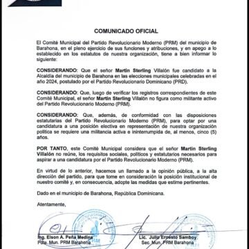 PRM Barahona desautoriza promoción de candidatura de Martín Sterling y le invita a continuar en el PRD
